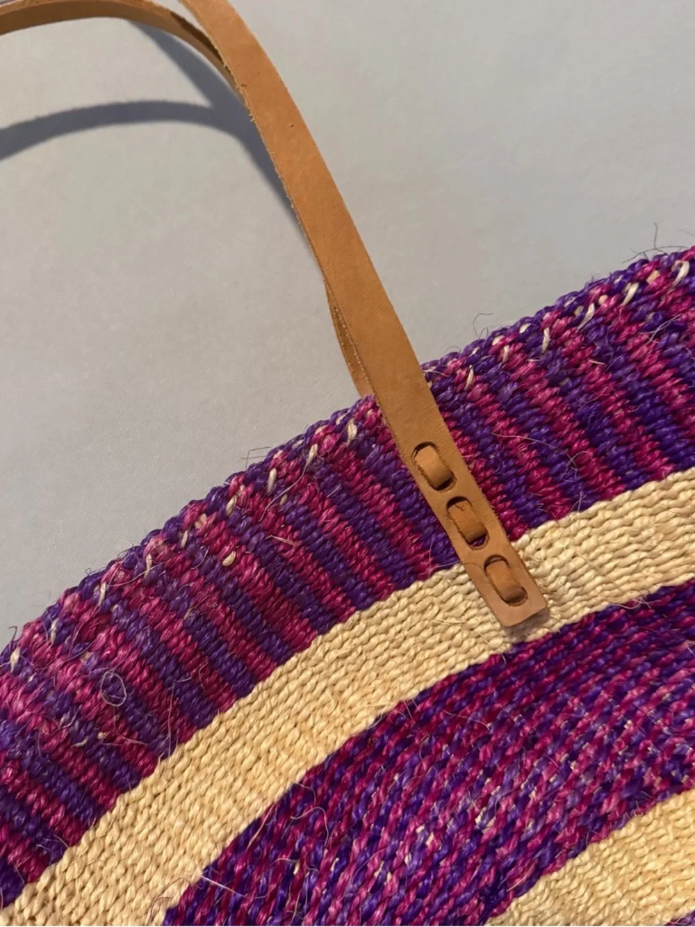 Woven Straw Tote Bag in Purple & Cream with Leather Straps Made in Kenya - Picture 6 of 9
